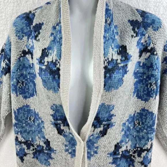 J Jill Vintage 1XL Wool Blend Gray Blue Floral Cardigan Pockets Grandmacore - Picture 6 of 12